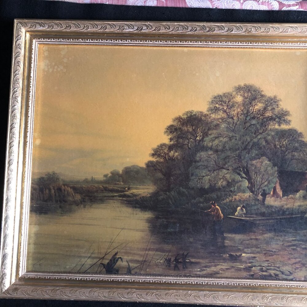 Vintage print man fishing pond river boat trees landscape framed wall decor